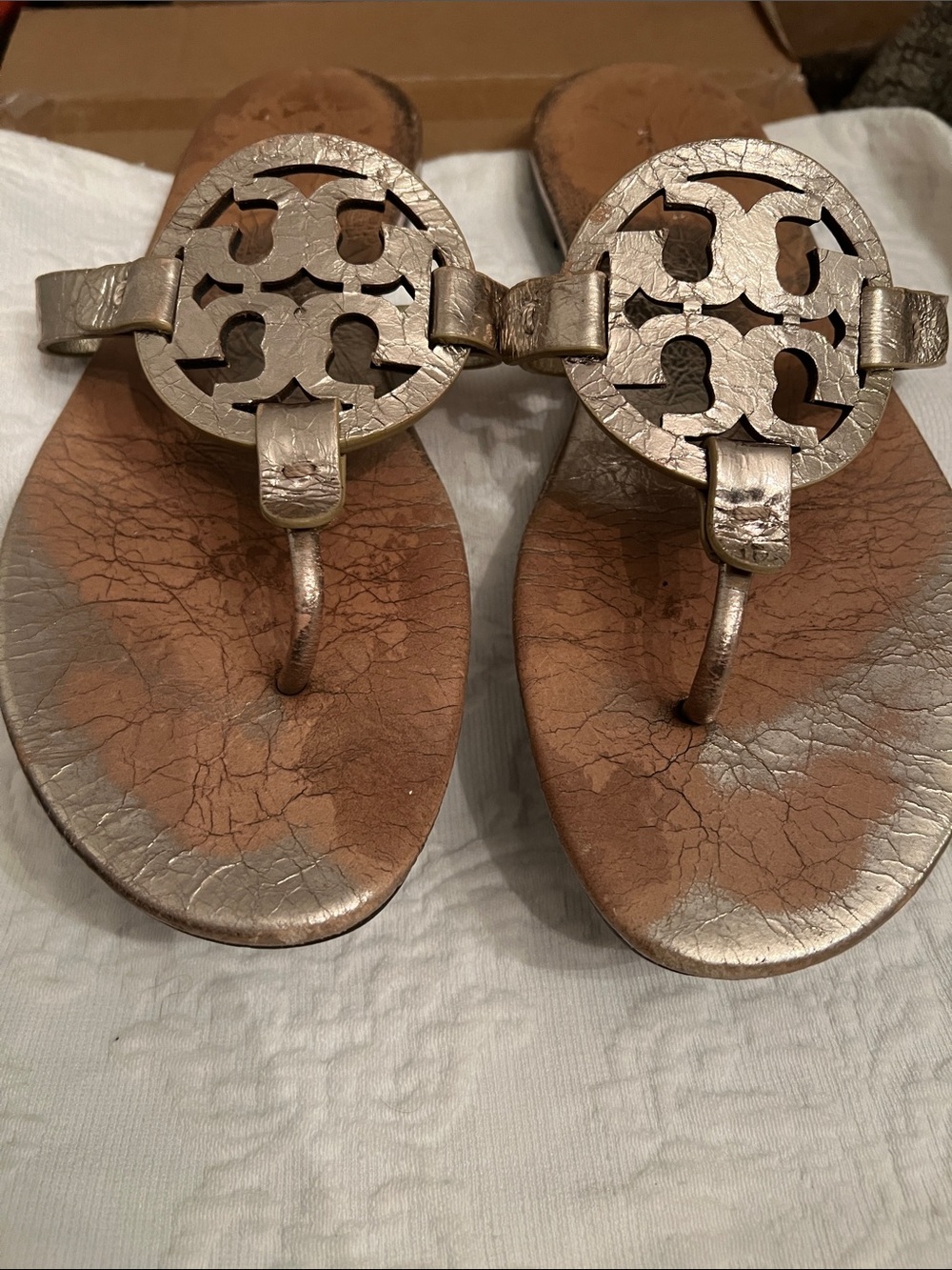 Tory Burch Metallic Gold Logo Thong Sandals